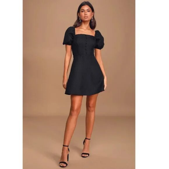 Lulu's Cute Crush Waffle Texture Winter Chic Puff Sleeve Mini Skater Dress Black - Picture 13 of 13